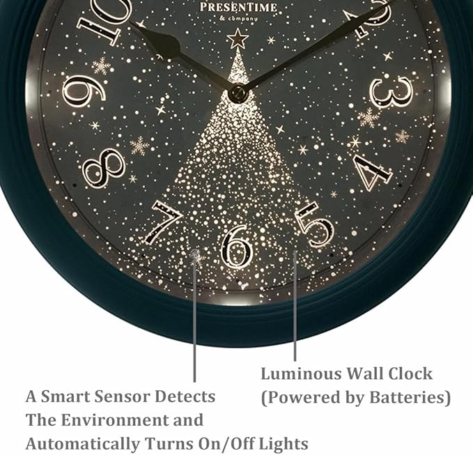 Presentime & Co. 12.6" Luminous Modern Wall Clock, Silent no Ticking, Forest Green Color, Night Light, Lighted Clock with Smart Sensor. Wall Decor for Living Room, Bathroom, Kitchen.