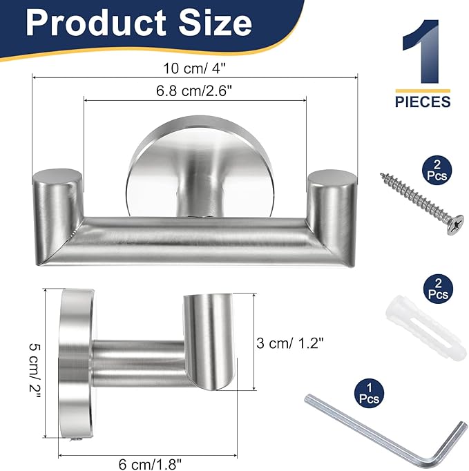 uxcell Double Towel Hook, Stainless Steel Coat Hook, Wall Mount Robe Hooks Hand Towel Hanger for Bathroom Kitchen Living Room, Brushed Silver