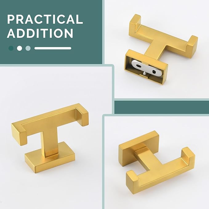 Angle Simple Double Towel Hook Brushed Gold 2 PCS, SUS304 Stainless Steel Bathroom Hand Towel Holder, Double Robe Hook for Wall