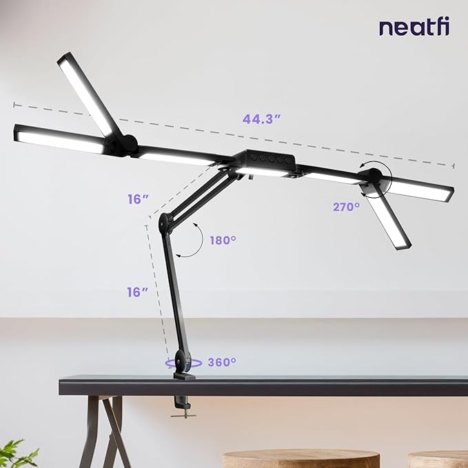 (New Model) Neatfi 3,000 Lumens LED Desk Lamp, Dimmable Light with 360 SMD LEDs, 30W, CRI 95, Adjustable Color Temperature, Task Lamp for Home, Office, and Workbench (CCT with Clamp, Black, 44 Inches)