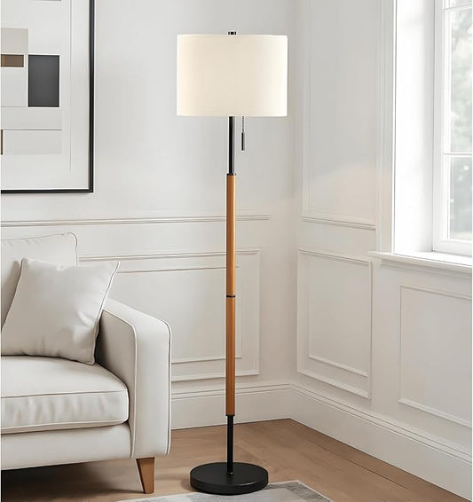 62" Brown Balck Floor Lamp for Living Room, 1200LM 3-Way Dimmable Wood Mid Century Floor Lamp for Bedroom Office, Wood Tall Lamp Linen Lampshade, LED Bulb Included