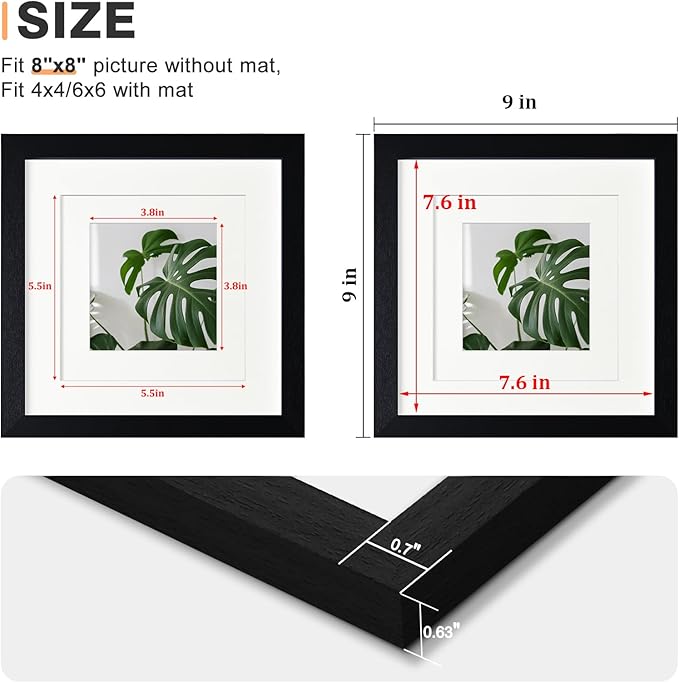 Egofine 8x8 Picture Frame 4PCS, Made of Solid Wood Covered by Plexiglass Display 4x4/6x6 with Mat or 8x8 without Mat, for Table Top Display and Wall Mounting Photo Frame, Black with Texture