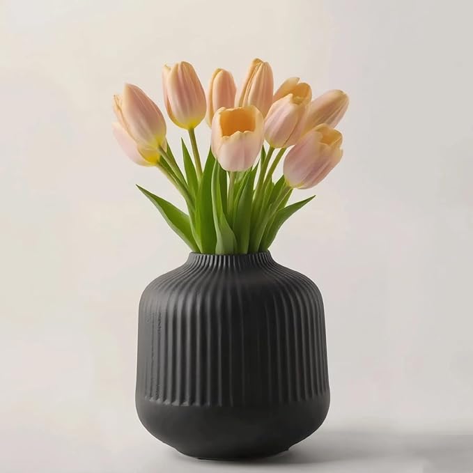 Black Ceramic Vase for Flowers, 6 Inch Flower Vases Home Decor, Black Boho Vases for Pampas Grass, Vase for Centerpieces Living Room Table Entryway Shelf