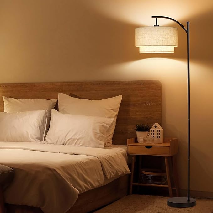 SUNMORY Floor Lamps for Living Room with 12W LED Bulb, Arc Floor Lamp with 3 Color Temperatures, Modern Floor Lamps with Adjustable Double Fabric Shades, Tall Standing Lamp for Bedroom, Corner