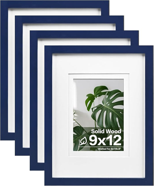 Egofine 9x12 Picture Frames 4PCS Covered by Plexiglass, Wood Frames for Pictures 5x7/6x8 with Mat or 9x12 without Mat, Tabletop and Wall Mounting Display, Navy Blue
