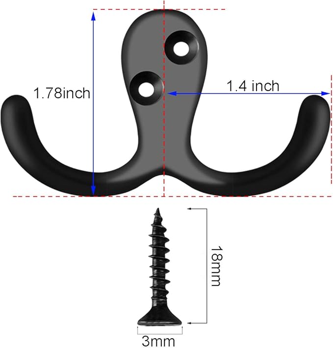 IBosins 8 Pack Heavy Duty Double Prong Coat Hooks Wall Mounted with 16 Screws Retro Double Hooks Utility Hooks for Coat, Scarf, Bag, Towel, Key, Cap, Cup, Hat