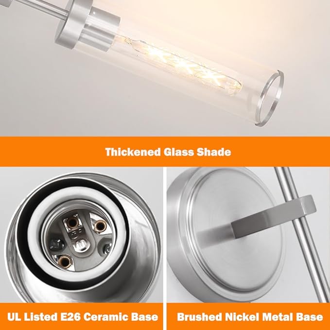 Wall Sconces Set of 2, Brushed Nickel Sconces Wall Lighting, Modern Bathroom Vanity Light Fixtures with Clear Glass, Bathroom Sconces Wall Mount Lights for Living Room Bedroom Hallway, Hardwired