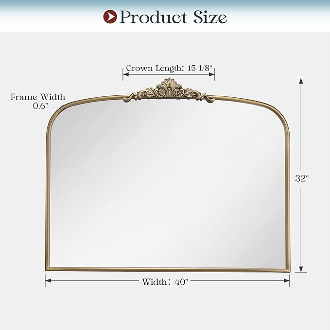 40" x 32" Antique Gold Arched Mirror for Wall, Vintage Brass Bathroom Mirror with Metal Frame, Bronze Ornate Gold Vanity Mirror for Entryway, Mantel, Powder Room