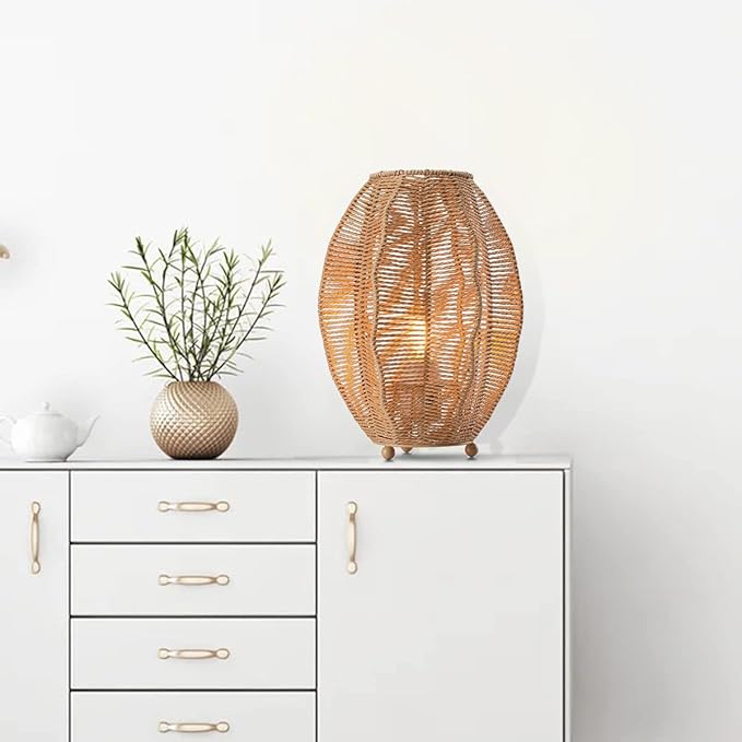 Rattan Woven Side Table Lamp for Bedroom Living Room, Boho Coastal Lamp Farmhouse Nightstand Lamp Tripod Desk Lamps Mid Century for Beach Room Kids Room Cafe Bar