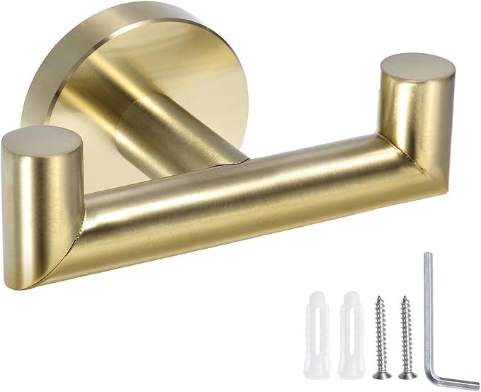 uxcell Double Towel Hook, Stainless Steel Coat Hook, Wall Mount Robe Hooks Hand Towel Hanger for Bathroom Kitchen Living Room, Brushed Gold