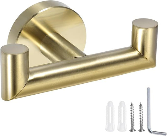 uxcell Double Towel Hook, Stainless Steel Coat Hook, Wall Mount Robe Hooks Hand Towel Hanger for Bathroom Kitchen Living Room, Brushed Gold