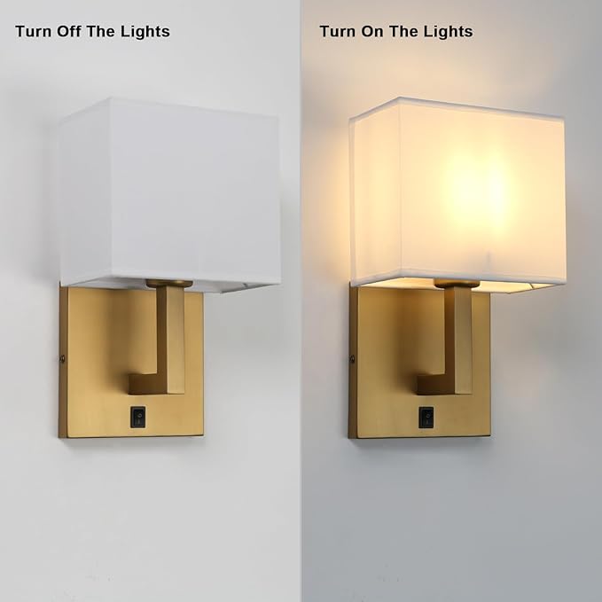 Yosoan Set of 2 Indoor Vanity Wall Sconce with On Off Switch, Brass Modern Boho Vintage Industrial Light with Square Fabric Shade for Bedroom Living Room Library Hallway Porch Dual Lamp Decor(Antique)