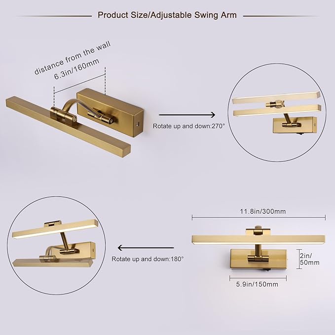 Picture Light with Remote 3 Colors Wireless Art Lights for Paintings,Rotatable Wall Sconce Rechargeable Battery Powered Painting Light,Dimmable Light Over Picture Frame for Gallery,Brass 11.6 inch