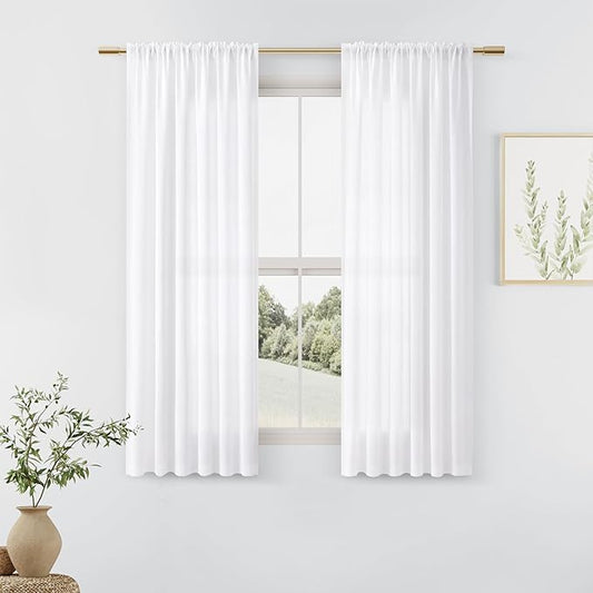 Guken White Linen Curtains 45 Inch Length for Living Room Bedroom 2 Panels Set Rod Pocket Light Filtering Semi Sheer Window Curtains 52 Inch Width Boho Farmhouse Linen Drapes, W52xL45