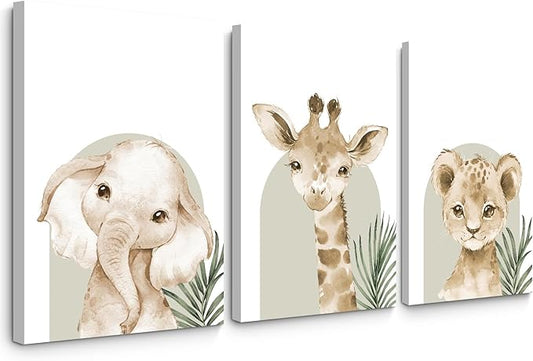 Animal Wall Art Pictures Baby Nursery Canvas Wall Art Decor Safari Animal Prints Jungle Kids Wall Art Woodland Nursery Wall Decor Giraffe Jungle Poster for Room 16x24 Inch Framed Set of 3