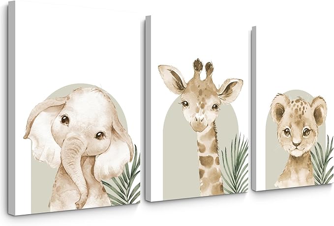 Animal Wall Art Pictures Baby Nursery Canvas Wall Art Decor Safari Animal Prints Jungle Kids Wall Art Woodland Nursery Wall Decor Giraffe Jungle Poster for Room 12x16 Inch Framed Set of 3