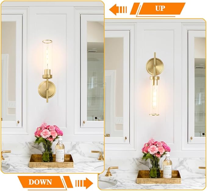 Wall Sconces Set of Two, Gold Bathroom Sconces, Modern Vanity Light Fixtures with Clear Glass, Sconces Wall Decor Set of 2, Brass Wall Mount Lights for Living Room Corridor Mirror Bedroom Stairs