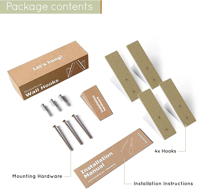 Homeforia Gold Wall Coat Hooks, High End White Wood & Gold Metal Wall Mounted Clothing Hook, Mid-Century Modern Clothes Hooks, Heavy Duty Wooden Hook for Hanging Coats, Hats, Towels & More, Set of 4