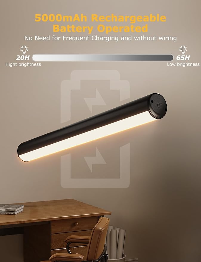 16in Wireless Picture Light with Remote, Battery Operated Picture Lights for Wall 5000mAh, 3 Color Modes and Dimmable LED Art Lighting with Timer for Painting, Frame, Gallery, Bedroom (Black-2Pack)