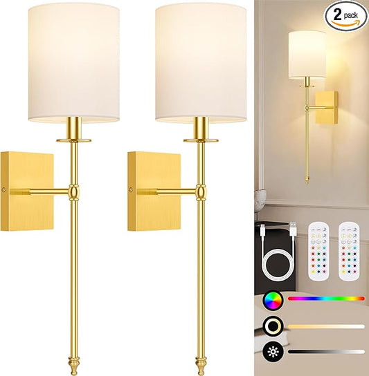 27 Inch Wall Sconces Battery Operated Set of 2, Rechargeable Wireless Wall Sconces Lights with Remote, Not Hardwired Dimmable Gold Wall Lamps with White Fabric Shade for Bedroom, 2 Bulbs Included