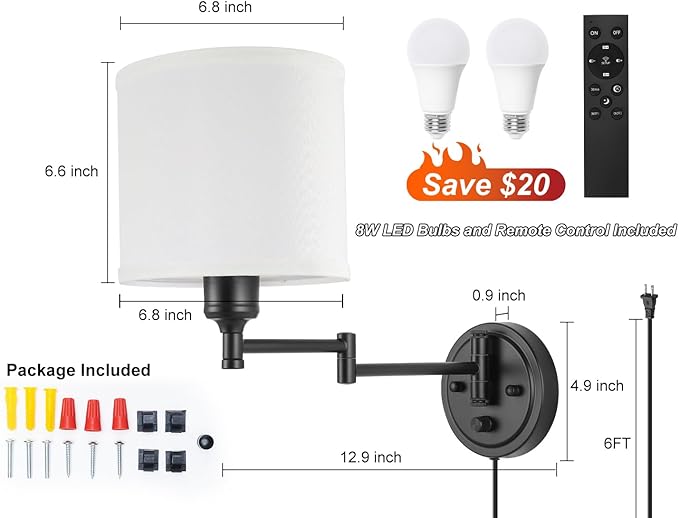 Plug in Wall Sconces with Remote Control, Dimming 10%-100% & Adjustable Colors 2700K-6500K, Hardwire or Plug-in, Swing Arm Wall Lamp with White Fabric Shade, Wall Sconces Set of Two, Black Finish