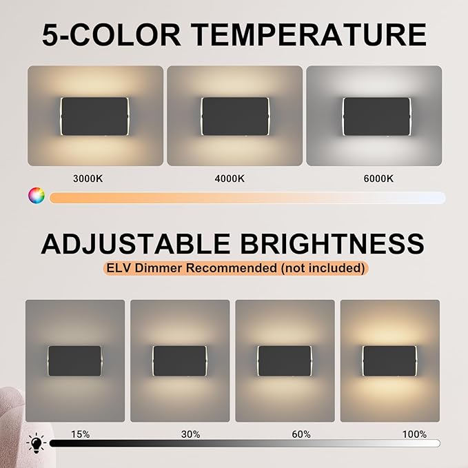 Indoor Modern Led Aluminum Wall Sconces,18W 5CCT 3000K-6000K Dimmable Hardwired Wall Light with Rotatable Lampshade,Contemporary Wall Lamp for Bedroom Living Room Hallway Stairway(Black,2Pack)