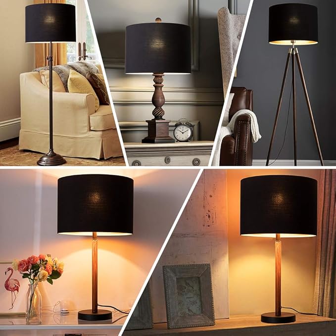 Wellmet 14"x14"x11" Assembly Required Lampshade for Table Lamp, Bedside Lamp, Floor Lamp, Fabric Drum Lampshade Classic Modern Style, Spider Fitter, Black Gold