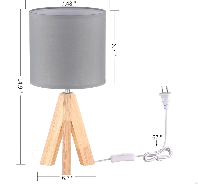 Table Lamp,Small Tripod Desk Lamp with Linen Fabric Lampshade,14.9",Tri-Color 5W Wooden Table Lamp for Living Room,Kids Room,Nursery (Grey)