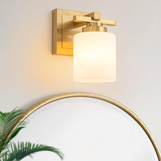 1 Light Modern Bathroom Light Fixtures Over Mirror, Brass Finish Vanity Lights for Bathroom Wall Sconces with Milky White Glass Shades, E26 Socket (Bulbs Not Included)