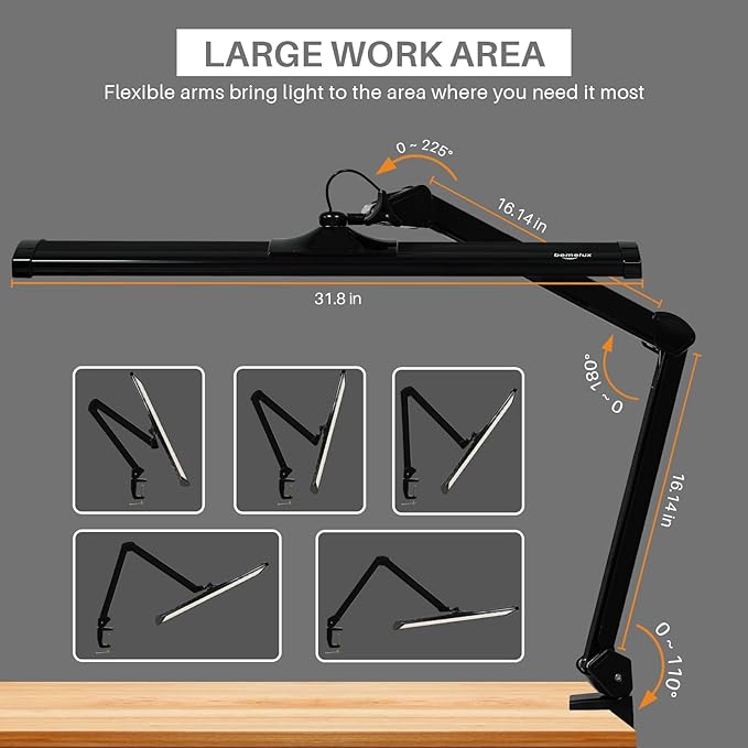 LED Architect Desk Lamp, 4500 Lumens, Dimmable, Metal Swing Arm, 5 Color Temperatures, 50W, Ideal for Task Work, Drafting, Reading, Clamp-on Office Table Lamp with 684 Bright LEDs (Black, CCT)