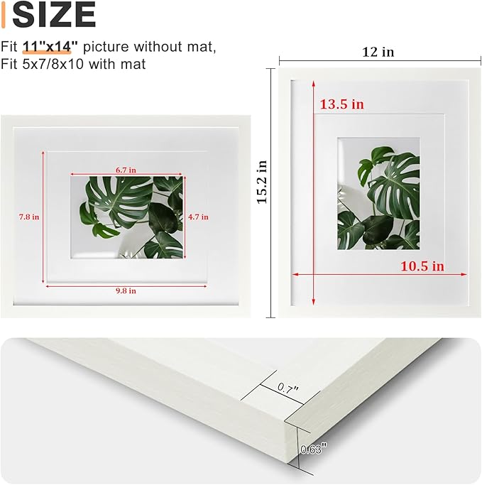 Egofine 11x14 Picture Frames 4PCS Covered by Plexiglass, Made of Solid Wood, Display Pictures 8x10/5x7 with Mat or 11x14 Without Mat for Table Top and Wall Mounting, White with Texture