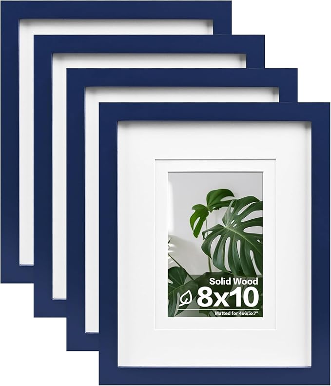 Egofine 8x10 Picture Frames 4PCS, Made of Solid Wood Display 4x6 and 5x7 with Mat Covered by Plexiglass, for Table Top Display and Wall Mounting Photo frame, Navy Blue