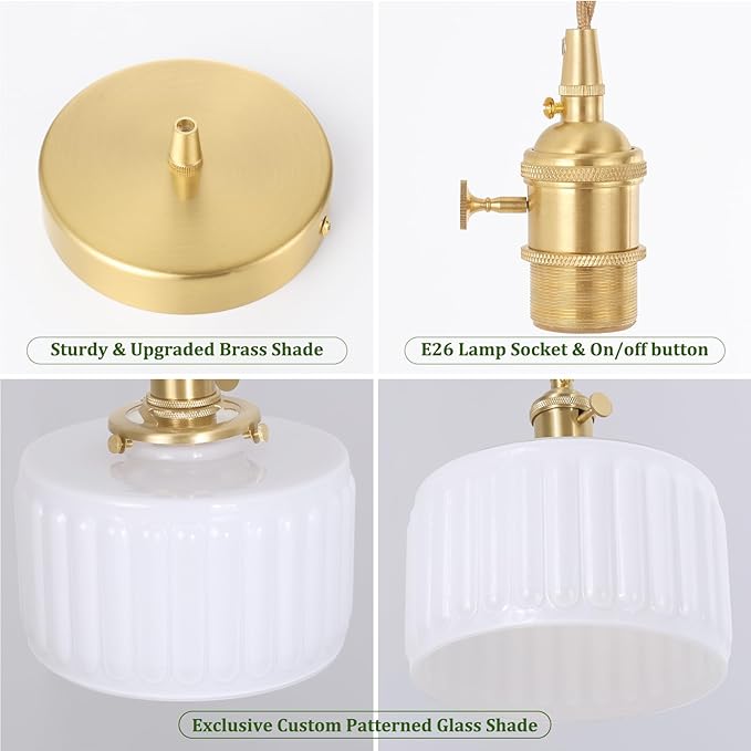 Pendant Light 2 Pack with White Striped Glass Lmapshade, Brass Vintage Pendant Light Adjustable Hanging Light for Kitchen Island Dining Room Hallway