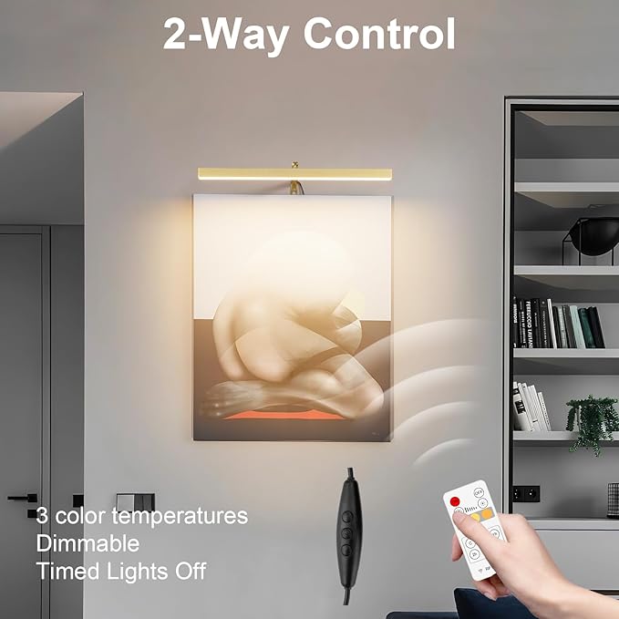 Plug in Picture Lights for Wall, 16 inch Dimmable LED Art Light with Remote, 3 Colour Temperature Gallery Painting Wall Light for Picture Display Dartboard Art Work (Gold)