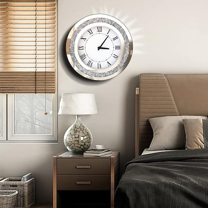 Silver Round Mirror Clock 12inch Crystal Sparkle Twinkle Bling Crush Diamond Mirrored Wall Clock for Wall Decoration Silver Glass Mirror Home Decor. AA Battery is not Included.