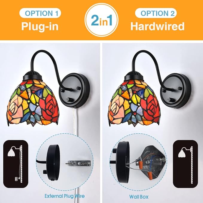 Tiffany Bedside Wall Mount Lamp with Dimmable Switch, Industrial Vintage Gooseneck Wall Sconce with Plug in Cord, Rose Stained Glass Shade Wall Light Perfect for Bedroom, Living Room and Hotel