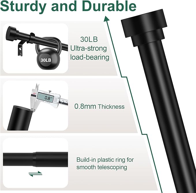 Black Curtain Rods for Windows 28 to 48 Inch(2.3-4ft),1 Inch Diameter Heavy Duty Curtain Rods,Adjustable Curtain Rod,Modern Decorative Drapery Rods,Telescoping Window Curtains Rod 18-45",Matte Black