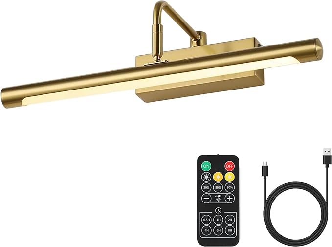 Joosenhouse Battery Operated Picture Light Wireless Gallery Lights 5000mAh Rechargeable Wall Light with Remote Control Dimmable and Timer Off 15Inch Brass Color