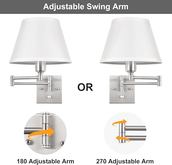 TRLIFE Wall Sconces Plug in, Remote Control Dimmable Wall Sconce and Adjustable Color Temperature 2700K-6500K, Swing Arm Wall Lights with Plug in Cord, 9.4" Medium White Fabric Shade(2 Pack, 2 Bulbs)