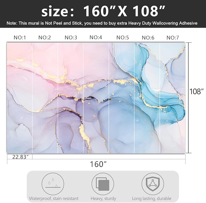 -Coloured Marbled Fabric Wallpaper Abstraction Golden Art Living Room Bedroom Bathroom Wall Mural- 160"x108"（ not Peel and Stick）