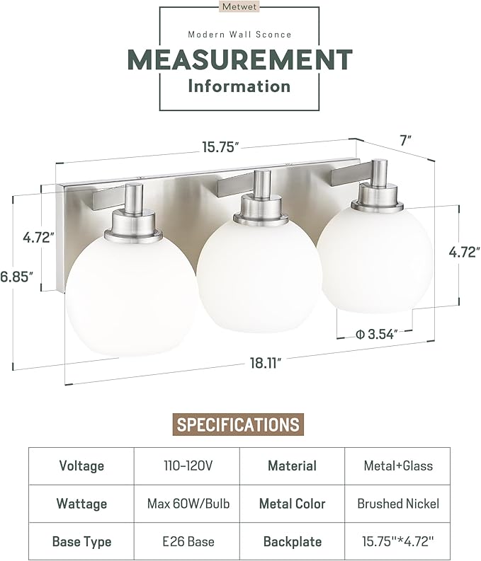 Bathroom Light Fixtures, 3-Light Brushed Nickel Vanity Light, Modern Wall Sconces with Milk White Globe Glass Shade, Vanity Lighting Fixtures Over Mirror, VL195-BN-ML-3