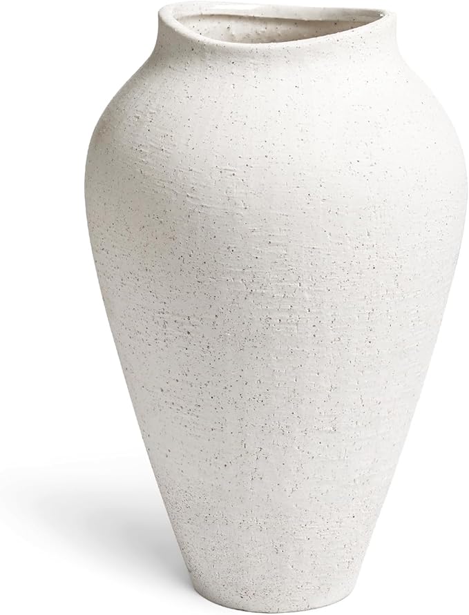 White Ceramic Vase - Large 11.8 Inch Tall Floor Vase for Centerpieces, Farmhouse Rustic Minimalist Home Decor for Living Room, Enterway, Wedding (Sandstone White)
