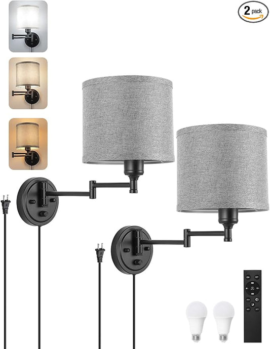 Plug in Wall Sconces with Remote Control, Dimming 10%-100% & Adjustable Colors 2700K-6500K, Hardwire or Plug-in, Swing Arm Wall Lamp with Gray Fabric Shade, Wall Sconces Set of Two, Black Finish