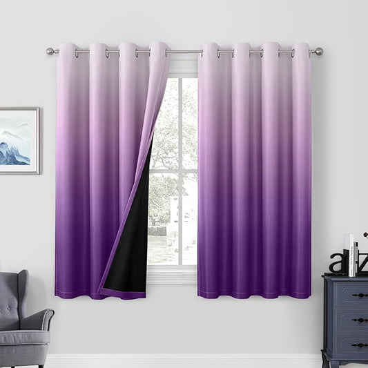 HOMEIDEAS Purple 100% Ombre Blackout Curtains for Bedroom, 52 X 63 Inches Long Room Darkening Gradient Light Blocking Thermal Insulated Grommet Drapes for Living Room, 2 Panels