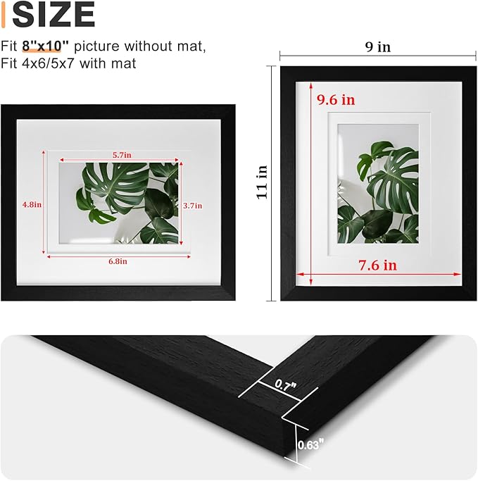 Egofine 8x10 Picture Frames 4PCS, Made of Solid Wood Display 4x6 and 5x7 with Mat Covered by Plexiglass, for Table Top Display and Wall Mounting Photo frame, Black with Texture