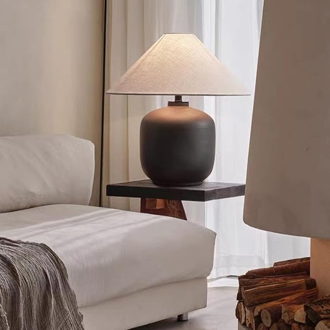 PURESILKS Modern Minimalist Table Lamps, Rustic Farmhouse Ceramic Table Lamp, 16.53" Tall Desk Lamp with Off-Black Linen Drum Lampshade Decor for Living Room Bedroom Bedside Nightstand (Black)