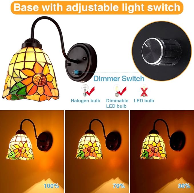 Tiffany Bedside Wall Mount Lamp with Dimmable Switch, Industrial Vintage Gooseneck Wall Sconce with Plug in Cord, Flowers Stained Glass Shade Wall Light Perfect for Bedroom, Living Room and Hotel