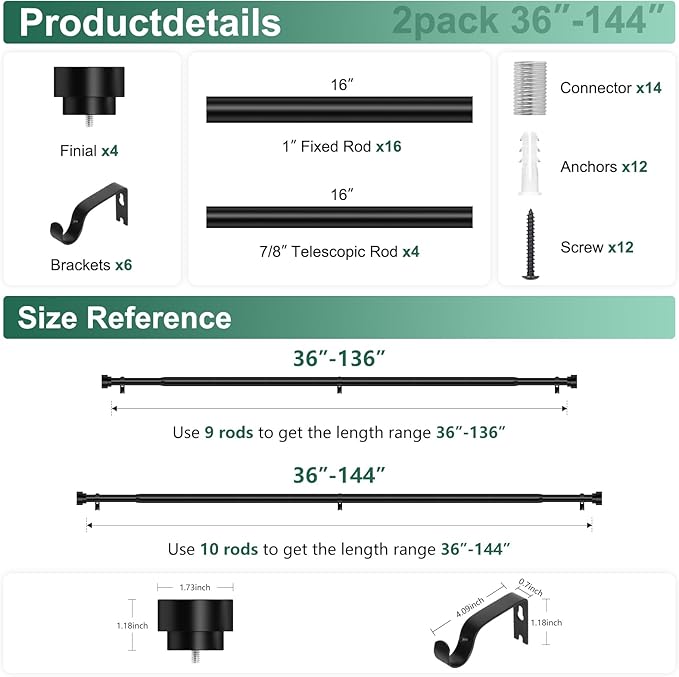 HEI! DEAR Curtain Rods Black 2Pack for Windows 72 to144 Inch(6-12ft),1 Inch Adjustable Heavy Duty Drapery Rods,Matte Black