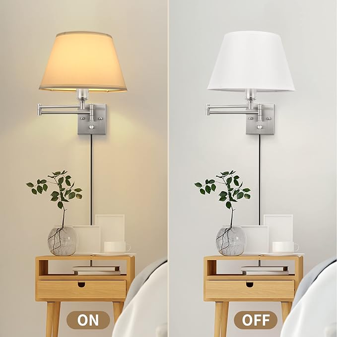 TRLIFE Dimmable Wall Sconce Plug in, Brushed Nickel Wall Sconces Set of Two Swing Arm Wall Lights with Plug in Cord and On/Off Dimmer Rotary Switch, 11.8" Large White Fabric Shade(2 Pack, 2 Bulbs)