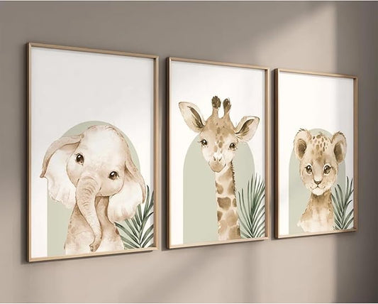 Animal Wall Art Pictures Baby Nursery Canvas Wall Art Decor Safari Animal Prints Jungle Kids Wall Art Woodland Nursery Wall Decor Giraffe Jungle Poster for Room 12x16 Inch Unframed Set of 3